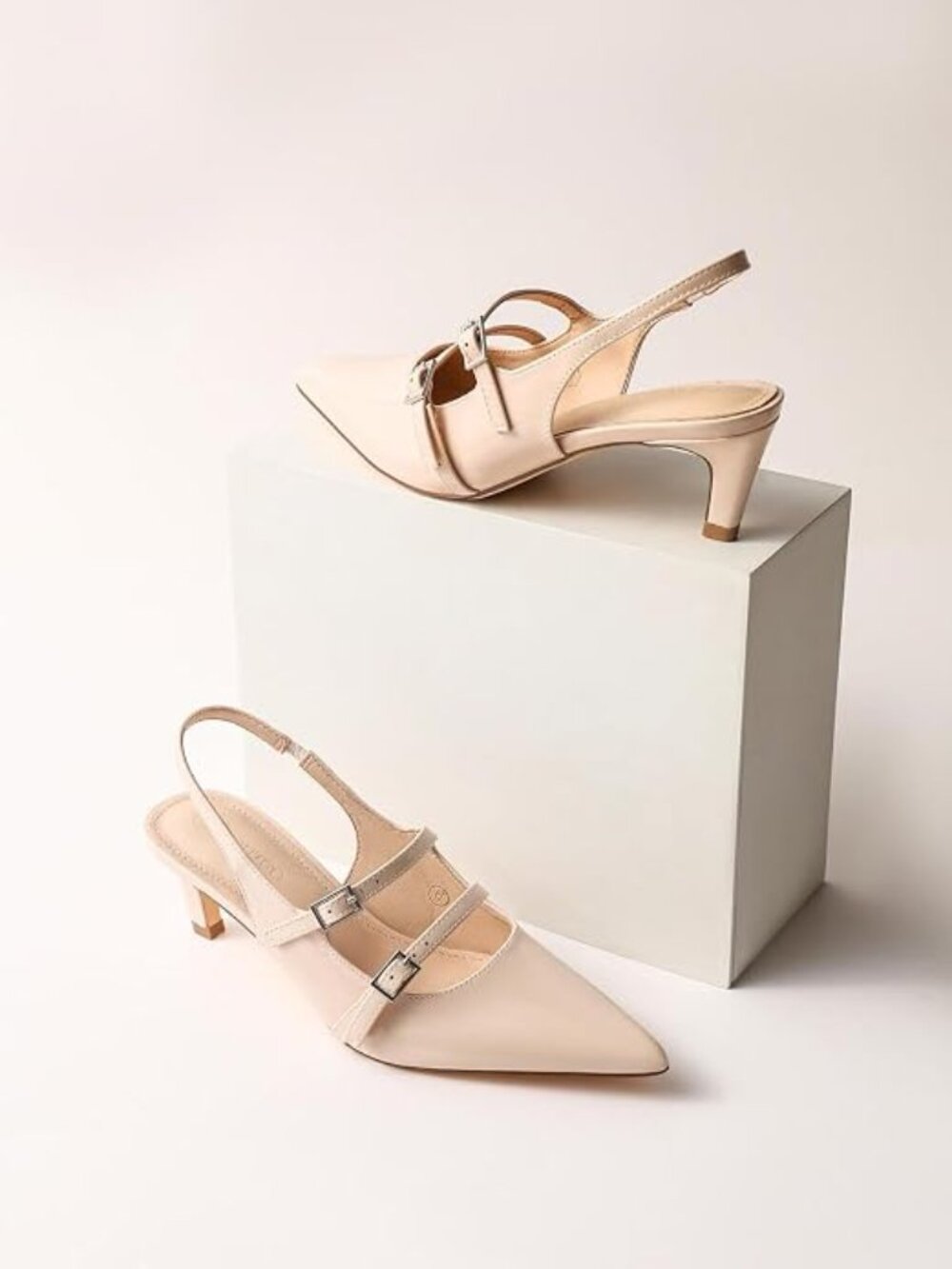 Coutgo Women's Beige Slingback Kitten Heels Mary Jane Pumps Closed Point Toe-7.5